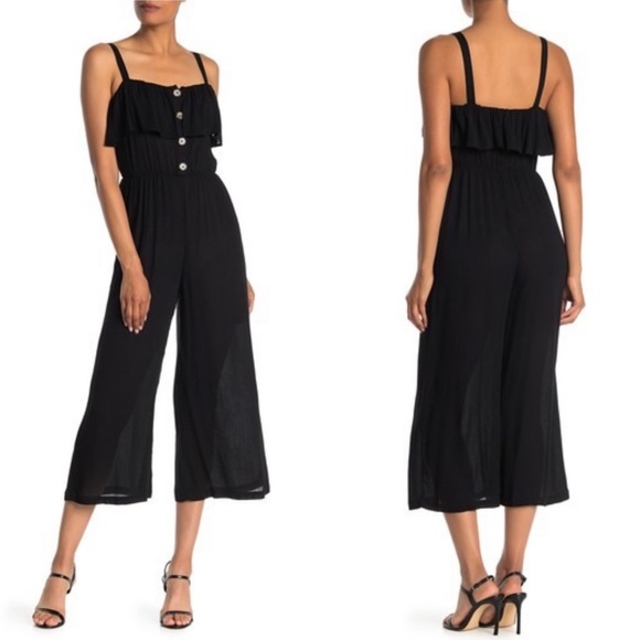 Lush Ruffle Culotte Front Button Jumpsuit (Black) - Picture 3 of 3